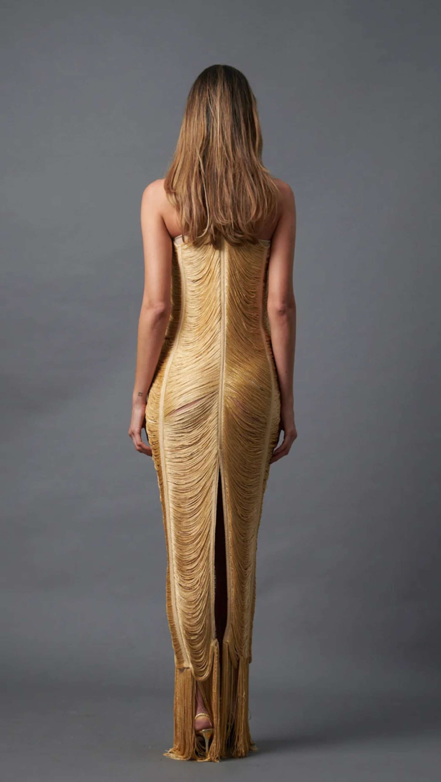 golden fringe dress short sleeves hand made