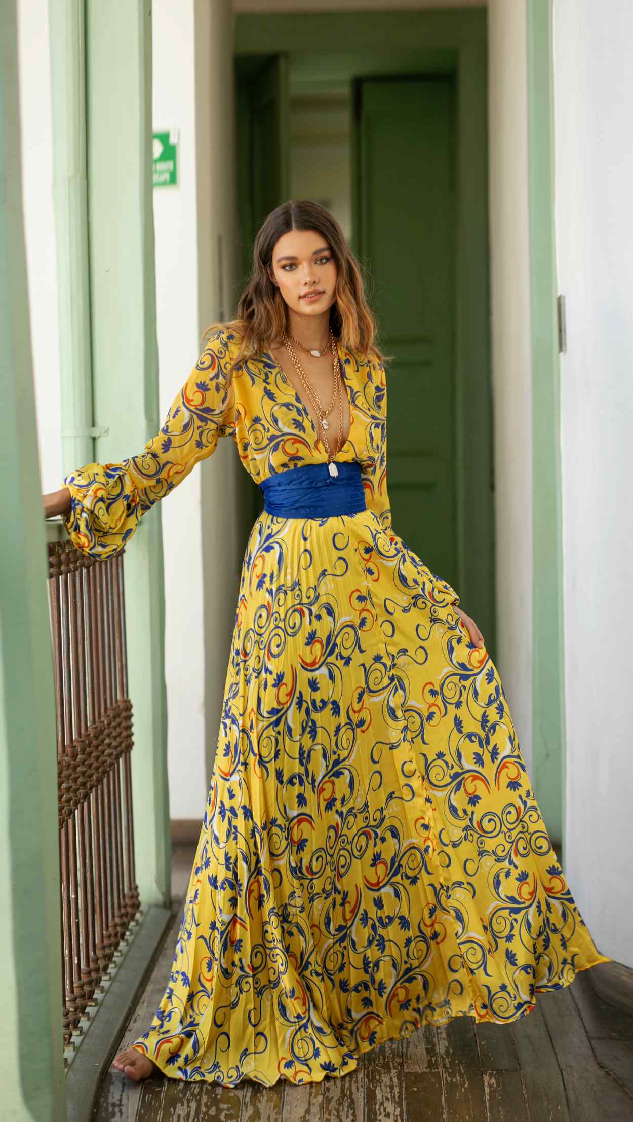 maxi dress yellow and blue floral pattern long sleeves