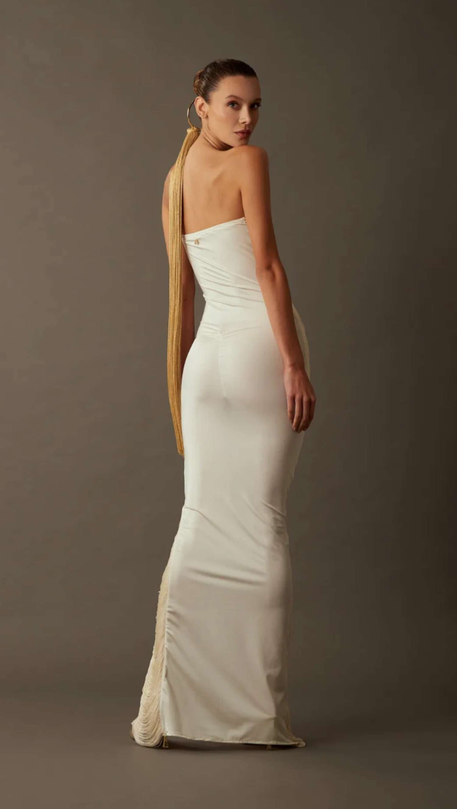 ivory long fringe strapless dress hand crafted